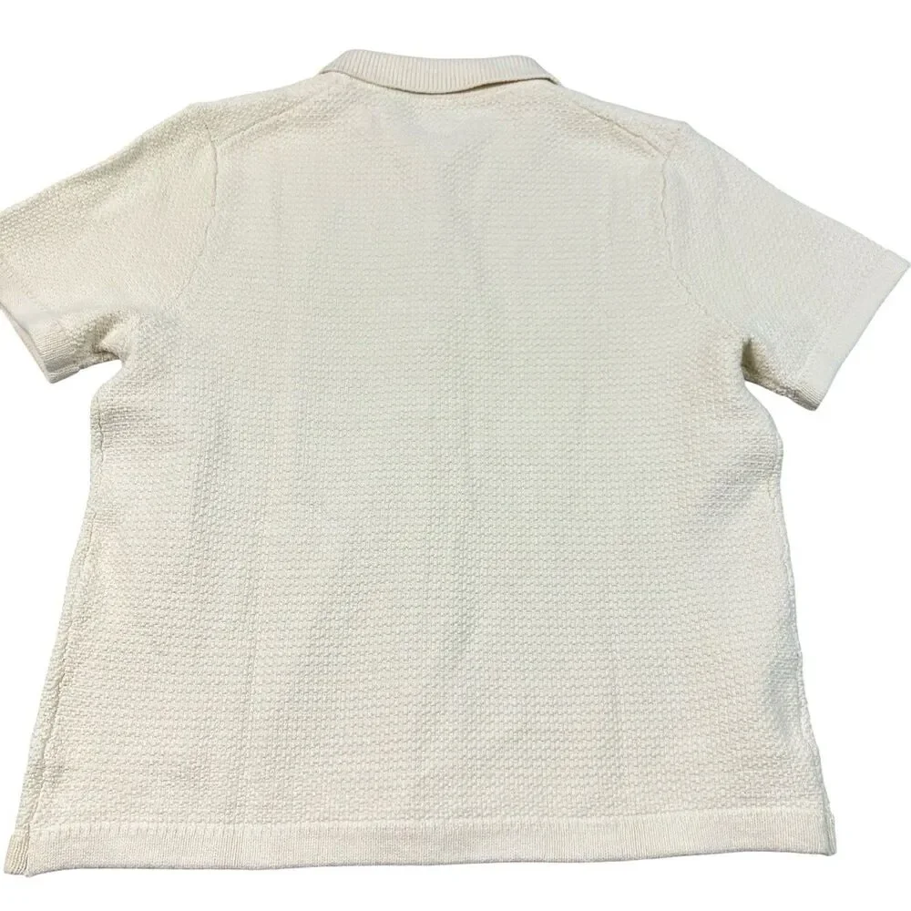 J Crew Polo Cardigan Mens L Cream Short Sleeve Cotton Waffle Knit Preppy CQ900